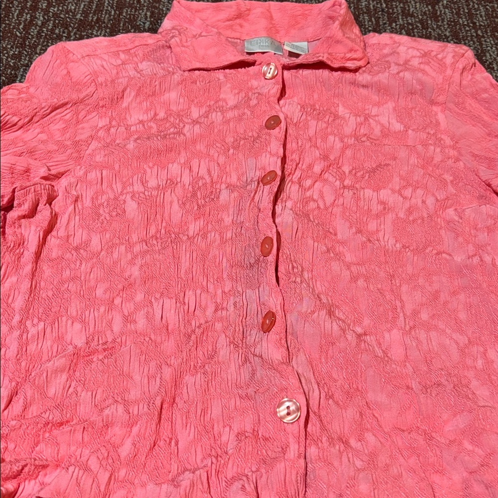 Vintage pink smocked open back cropped short sleeve button down relaxed blouse M - Picture 3 of 14